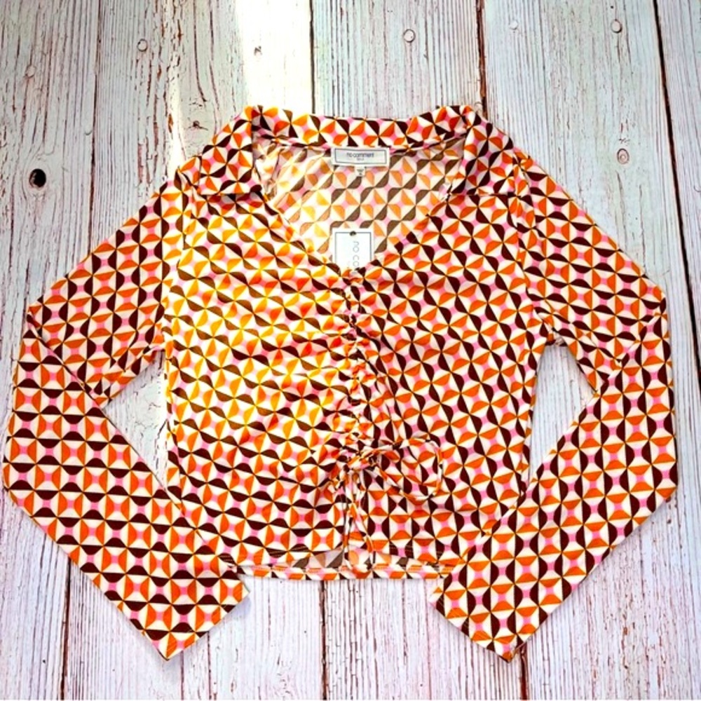 No Comment Geometric Ruched Front Johnny Collar Top